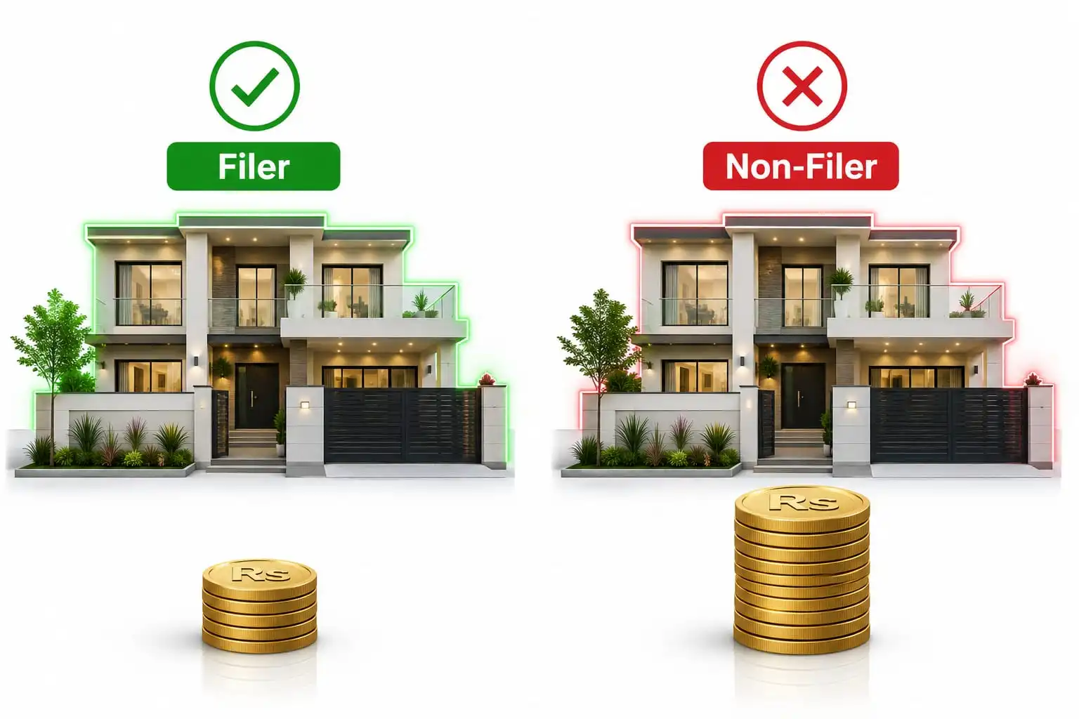 Buyer and seller handing over a property transaction with tax icons